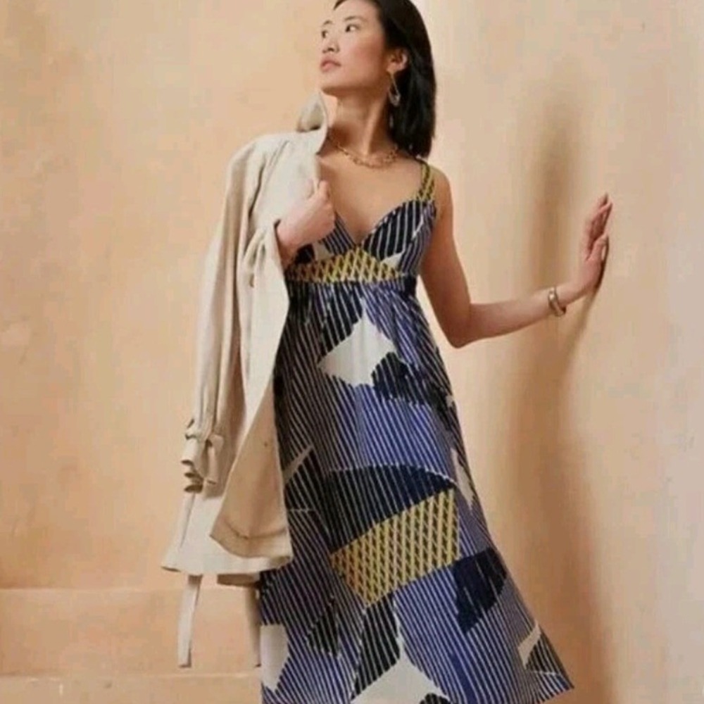 Banana Republic Blue Geometric Striped V-Neck Midi Dress 2P Chic NWOT
